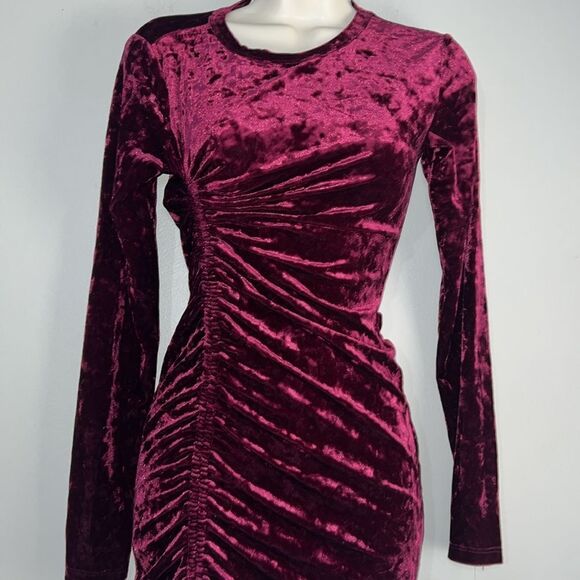 Live to be Spoiled Red Wine Long Sleeve Ruched Asymmetrical Front Bodycon Dress - Picture 1 of 8